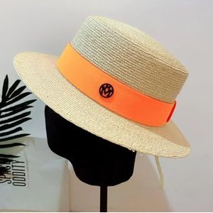 Elegante brede rand schippershoed zomer raffia hoed dames stro zonnehoed platte stro fedoras derby met verwisselbare gekleurde banden(Size:Natural-Orange)