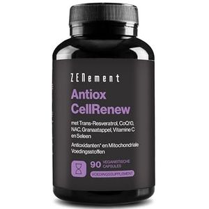 Antiox Complex met Trans-Resveratrol, CoQ10, NAC, Granaatappel, Vitamine C & Selenium - Antioxidant & Ondersteuning van Cellulaire Energie, 90 Vegan Capsules - Zenement