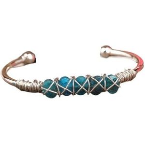 Natuurlijke blauwe kyaniet steen plaat ovale kralen goud koper open manchet Bangle armband verstelbare sieraden for vrouwen (Color : Wire Wrap Silvery)