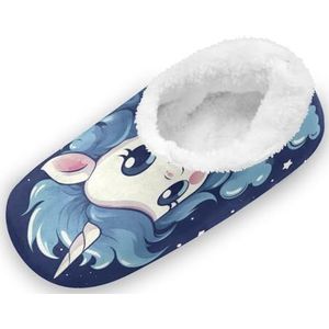 KAAVIYO Cartoon Grappige Blauwe Eenhoorn Outdoor Slippers Katoen Huis Schoenen Gesloten Terug Winter Antislip Fuzzy Voeten Slippers voor Indoor Jongens Vrouwen, Patroon, Large