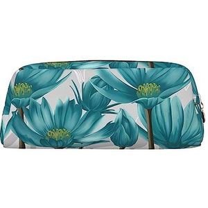 DEHIWI Teal Grijs En Wit Bloemen Potlood Pen Case Waterdichte Leuke Lederen Potlood Pouch Reizen Cosmetische Make-up Tas Organizer Pen Houder Voor Kantoor Make-up, Grijs, wit, Eén maat, Reizen