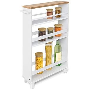 Hylla Opbergtrolley 50x79x15 cm - Keukentrolley op 2 wieltjes & 2 poten - Serveerwagen hout met 3 planken & FSC® werkblad - smalle opbergruimte onder bureau voor keuken, badkamer, kantoor - Wit