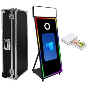 Spiegel fotocabine 65 inch met flightcase, 165 cm (165 cm) touchscreen magische spiegel, boothmachine, DSLR, fotobooth, selfiecabine voor bruiloft, feest, evenementen (zwarte cabine+printer)