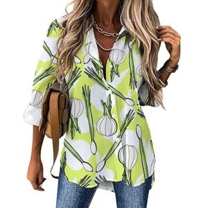 Veganistische lente-uitjes en knoflook damesblouses Hawaiiaanse button-down damestops, shirts met lange mouwen, T-shirts XL