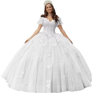 Fuomomo Quinceanera MT052 Jurk met vlinderapplicaties van kant, 3D, glanzend, baljurk, schoudervrij, voor snoep, 15 en 16, verjaardagsjurk van tule, Wit, 44