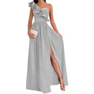 Damesjurk met één schouder voor bruidsmeisjes, fluweel, mouwloos, lange formele jurk met split, Zilver, 44