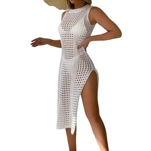 SkyjOy Badpak voor dames, Hollow Out Crochet Cover Up Swimwear mouwloze bikini jurk smock split sexy strand gebreide kleding effen badpak dames zee (wit)