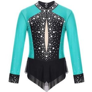 NUOYIXUAN Gymnastiekpak voor jongens en meisjes, ritmische gymnastiekoverall met strass-steentjes, artistieke overall voor yoga, balletshirt, blauw, groen, 10