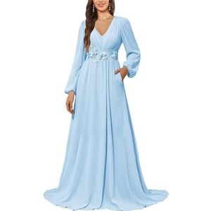 KURFACE Bruidsmeisjesjurk met lange mouwen en zakken, kanten applicatie, chiffon, moederjurk van de bruid, Lichtblauw, 32