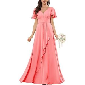 HPPEE Flutter Mouw V-hals Chiffon Bruidsmeisjesjurken voor Vrouwen Ruches A-lijn Maid of Honor Formele Avondjurk, Koraal, 32