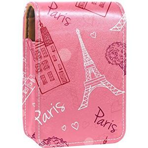 Frankrijk Parijs Eiffeltoren Roze Lipgloss Houder Lipstick Case Draagbare Mini Lipstick Opbergdoos Reizen Lipstick Organizer Case met Spiegel voor Vrouwen, Meerkleurig, 9.5x2x7 cm/3.7x0.8x2.7 in