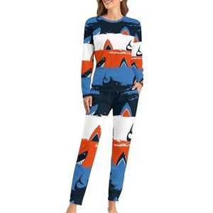 Abstracte haai met streep zachte damespyjama met lange mouwen, warme pasvorm, loungewear sets met zakken, L