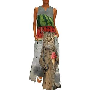 Leuke kat met watermeloen paraplu, ijs, enkellengte voor dames, slanke pasvorm, mouwloze maxi-jurken, casual zonnejurk, S