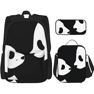 OUSIKA Panda dierenprint 3 stuks rugzak casual dagrugzak lunchbox etui combinatie set voor reizen, zwart, één maat, rugzak, casual, reizen, Zwart, Eén maat, Rugzak, casual, reizen