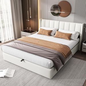 Aunvla Binauraal LED-gestoffeerd bed, 140 x 200 cm, hydraulisch bed, oplaadbare USB-poort in bed, met LED-verlichting, met opbergruimte, verstelbaar hoofdeinde, PU-kiezelsteen, wit