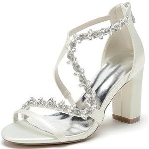 EICOFF Dames Pumps Hoge Hakken Bruiloft Schoenen voor Bruid Strass Open Teen Enkelbandje Blokhakken Jurk Pompen Partij Dansschoenen,ivoor,36 EU