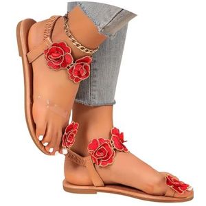 Dames Teenspreidersandalen Studenten Platte Flip-Flops Met Bloemen Vintage Romeinse Sandalen 2025 Zomer PU Leren Clip-Toe Sandalen Vrijetijds Bohemen Strandschoenen(Red,43 EU)