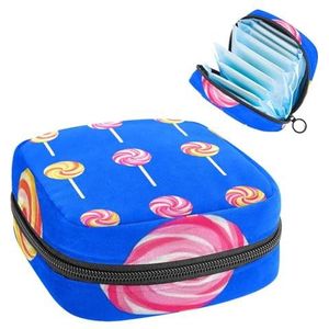 Gekleurde snoepjes lolly blauwe achtergrond maandverband opbergtas, grote menstruatie cup zakje met rits, menstruatie pads tas winkel inlegkruisjes tampons voor meisjes vrouwen