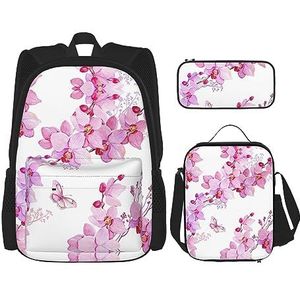 TyEdee School Bag Set: Rugzak met Lunchbox, Pencil Case - Stijlvolle Duurzame School Rugzak Set -Engeland Symbolen, Roze bloemen en vlinder, Eén maat, Schooltas Set