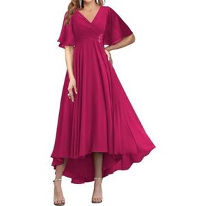 WSEYU Korte Mouw Moeder Van De Bruid Bruidegom Jurken Chiffon Kralen Formele Avond Grootmoeder Jurken Thee Lengte ZM194, Fuchsia, 32