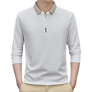 Pegsmio Heren T-shirt met lange mouwen en omgeslagen kraag, zakelijk poloshirt met contrasterende lijn, Wit, XXL