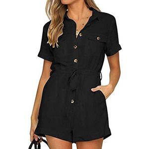 Jumpsuits Voor Vrouwen Zomer Casual Dames Casual Mouwloos Effen Revers Playsuit Jumpsuit Shorts Monochromatische Jumpsuit Knopen Zakken Riemen Rompertjes, Zwart, XXL