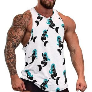 Zeemeermin silhouet heren tanktop grafische mouwloze bodybuilding T-shirts casual strand T-shirt grappige sportschool spier