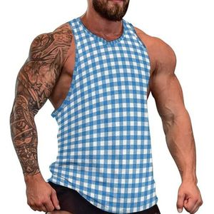 Blauwe geruite tanktop voor heren, grafische mouwloze bodybuilding-T-shirts, casual strand-T-shirt, grappige sportschoolspier