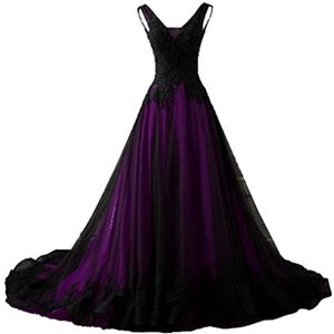 NaTengs Gothic-jurk voor dames, met V-hals, A-lijn, bruidsjurk met trein, Paars, 42
