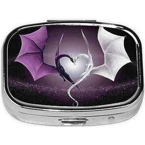 Mini vierkante pillendoos, medicijnorganizer, paarse en witte draken, draagbare EHBO-doos, reispillendoos met 2 vakken, kleine pillendoos voor zak of portemonnee