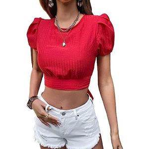 dames topjes Cropped blouse met pofmouwen en gestrikte rug (Color : rood, Size : M)