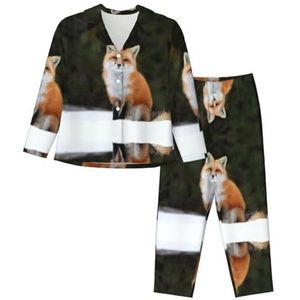 JEJEA Grappige vos print comfortabele 2-delige nachtkleding lounge set pyjama set lange mouw nachtkleding nachtkleding, Zwart, S