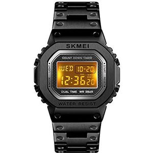 PASOY Mannen Digitale Multifunctionele Horloges Rvs Vierkante Case Dual Time Alarm Stopwatch Countdown Backlight Waterdicht Horloge, Zwart, Medium, armband