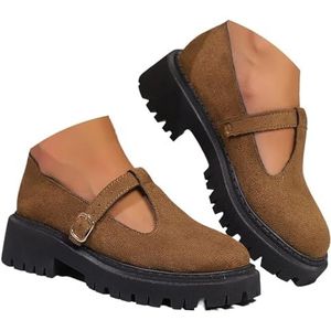 Mary Jane Schoenen voor dames, PU lederen penny loafers klassieke T-riem ballerina's, instappers, casual, geklede schoenen voor kantoor werk, Dikke zool bruin, 33 EU