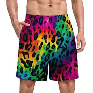 Regenboog luipaardprint grappige pyjama shorts voor mannen pyjama broek heren nachtkleding met zakken zacht