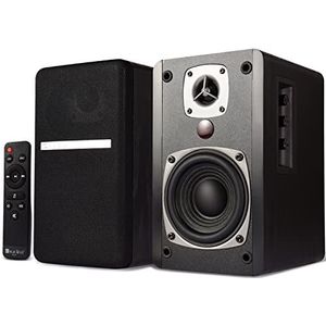 SINGING WOOD BT27 Actief aangedreven Bluetooth plankluidspreker met geïntegreerde bediening en afstandsbediening – Studiomonitor met 2 Auxiliary Line-ingangen – 54 Watt RMS (zwart)