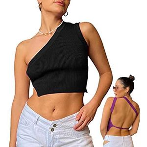 Women Y2K One Shoulder Backless Knitted Crop Top,Sexy Sleeveless Cut Out Slim Fit Solid Cropped Tank Tops Vest,Strappy Open Back Halter Cami Top Streetwear Summer T-Shirts (S, Black)