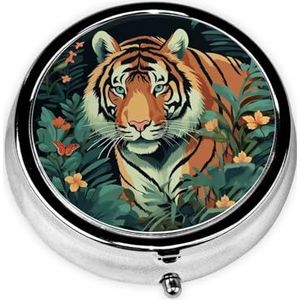 Pillendoosje met spiegel, retro pillendoosje met 3 vakken, vlinder en tijger, kleine pillenorganizer voor portemonnee of zak, decoratieve metalen medicijnen, vitamine-organizer, unieke geschenken