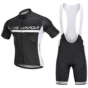 Lixada Fietsshirt set, ademend fietspak korte mouwen fietshemd + 3D gevoerde bretels, sneldrogend materiaal, antislip zoom, 3 diepe zakken op de rug