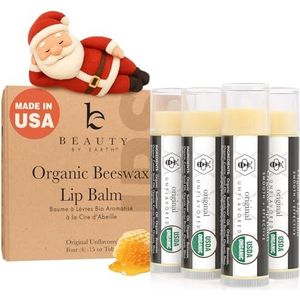 Lippenbalsem biologisch (origineel ongearomatiseerd) 4 tube pack; Pure en natuurlijke bijenwas lippenboter met aloë vera, vitamine E voor een heldere glans; hydrateren, repareren droge, gebarsten of