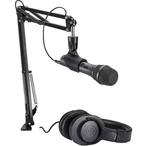 Audio-Technica AT2005USBPK Vocale microfoon Pack voor streaming/podcasting, inclusief USB- en XLR-uitgangen, verstelbare giek arm en monitor hoofdtelefoons, zwart