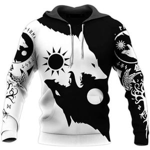 Nordic Fenrir Yin Yang Wolf Sweatshirt, Unisex Viking Nieuwigheid Harajuku 3D Geprinte Odin Wolf Pullover Hoodie, Herfst en Winter Lange Mouwen Trekkoord Jas(Pullover Hoodie,4XL)