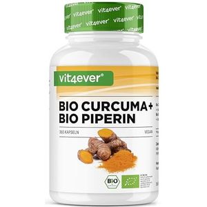 Biologische kurkuma met zwarte peper - 365 capsules - 4511 mg biologische kurkuma per dagdosering - met curcumine & piperine - 100% biologische kwaliteit - hoge dosering - veganistisch