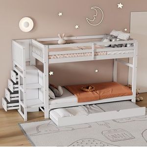 Idemon Stapelbed, drie slaapplaatsen, verlaagbaar bed, vier laden, stabiel houten bed, veilige traptreden, minimalistisch design, stabiele leuning, wit (90x200cm & 90x190cm)