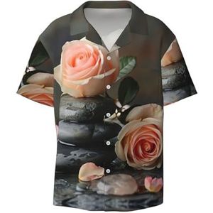 EdWal Spa Steen en Rose Bloemen Print Heren Korte Mouw Button Down Shirts Casual Losse Fit Zomer Strand Shirts Heren Jurk Shirts, Zwart, M