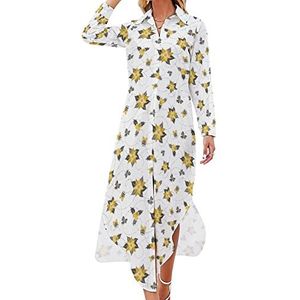 Poinsettia Bloemen Maxi-jurk voor dames, lange mouwen, knoopjurk, casual feestjurk, lange jurk, S