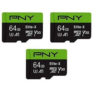 PNY Elite-X Class 10 U3 V30 microSDXC Flash Geheugenkaart, 64 GB, 3-pack
