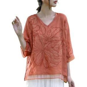 Damesshirts voor dames, zomer, borduurwerk, V-hals, effen, vintage, casual, losse T-shirts, Oranje Rood, XS