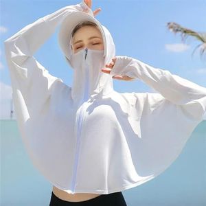 UPF 50+ vrouwen zonbescherming hoodie effen dunne ijszijde UV-bescherming zomer lange mouwen jas ademend hemd kleding zonnebeschermingsjas (Whit
