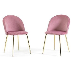 RATTATAN Sara - 2 stoelen in eenvoudig of teddyfluweel voor gebruik binnenshuis met metalen poten (been goud, fluweel roze)